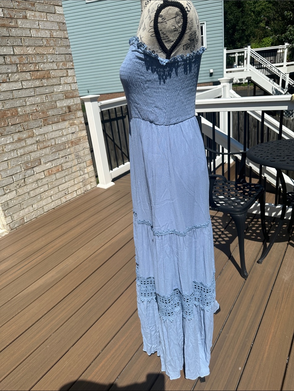 Simplee Apparel Light Blue Strapless Smocked Maxi Dress with Crochet Trim - Picture 4 of 5